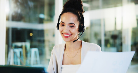 Aufkleber - Headset, laptop and businesswoman with document on video call for investment advice, online guidance or meeting. Office, financial advisor or happy with webinar for finance plan development or policy