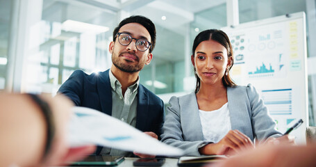 Aufkleber - Business, hands and people with document in meeting for budget forecasting, finance projection or collaboration. Financial analyst, presentation and stats report for timeline review and data analysis