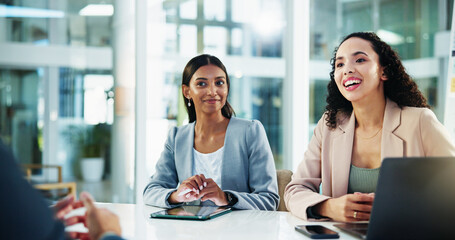 Poster - Discussion, meeting and business women with smile in interview for recruitment, deal or welcome. Communication, happy and human resources employee with worker man for onboarding, agreement or talk