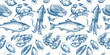 © pim - Sketch vintage seafood seamless pattern. Hand drawn vector illustration background