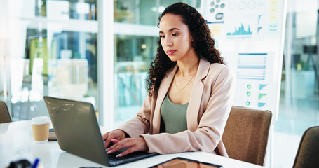 Fototapete - Business, woman and typing on laptop in office for account management, finance report and writing proposal. Professional, accountant and technology for tax compliance, investment project and auditing