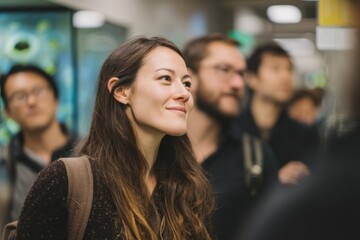 Aufkleber - Smiling Woman Looking Upward in a Crowd, Representing Optimism and Future Aspirations for Career Development and Personal Growth : Generative AI