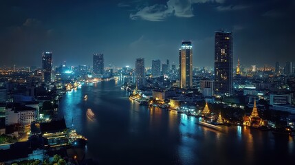 Wall Mural - Energy Motion. Abstract Bangkok City Skyline with Global Network Connection Technology