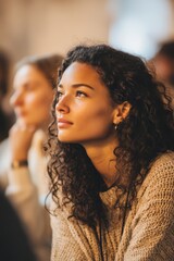 Aufkleber - Young Woman Looking Upward in a Meeting, Representing Focus and Future Vision, Suitable for Corporate Training and Leadership Development Materials : Generative AI