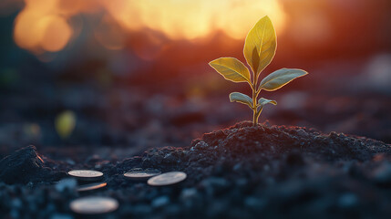 Wall Mural - Growth of a plant from coins reflecting the connection between finance and ecological progress