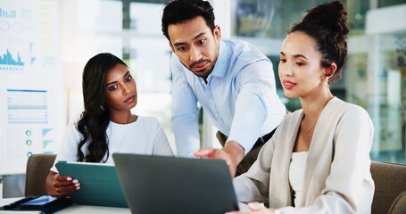Poster - Business, laptop and people with discussion in meeting for finance forecasting, market trends analysis or feedback. Financial analyst, group and online report for performance monitor or stats insight