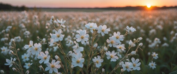 a field of white flowers at sunset with the sun on the horizon.