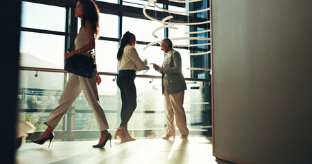Aufkleber - Business women, tablet and discussion in lobby for architecture, creative design or laugh. Technology, happy manager and team planning construction project, building or training with mentor in office