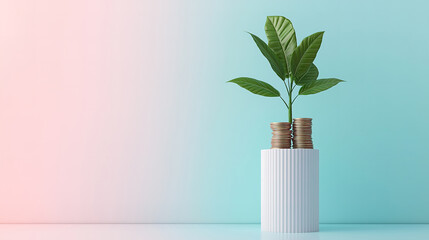Wall Mural - a plant emerging from a white column with a stack of coins at the top, representing financial growth