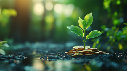 Wall Mural - Pile of coins with a growing plant symbolizing money growth and business finance on a nature backdrop