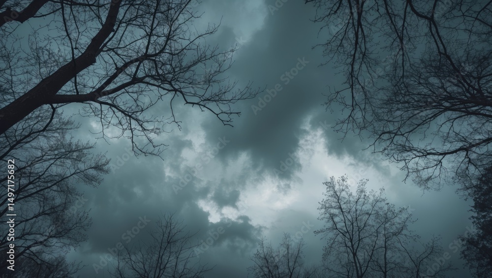 Dark sky view through leafless trees with cloudy weather and ominous ...