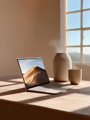 Poster - Mindful Digital Minimalism Serene Home Office Wellness Aesthetic with Soft Light, Modern Laptop and Ceramic Accessories - Remote Work Inspiration for Creative Professionals