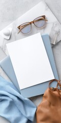 Poster - Minimalist Career Transition Mockup Soft Blue Workspace Aesthetic with Glasses and Leather Accessory - Professional Rebranding and Modern Lifestyle Narrative