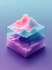 Fototapete - Ethereal Isometric Digital Landscape Translucent Geometric Visualization Exploring Metaverse Aesthetics and Immersive Design Trends in Soft Pastel Gradients