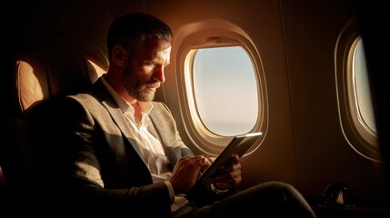 Wall Mural - businessman in modern suit browsing tablet and organizing work at 30,000 feet..