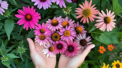 Aufkleber - Hands holding a bouquet of vibrant pink, purple, and orange coneflowers surrounded by more flowers.