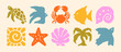 © Sini4ka - Groovy Summer Icons in Boho Style. Vector Abstract Beach Illustrations in Naive Art. Geometric Bird, Sun, Palm, Shells, Sea Star, Crab and Turtle for Logo, Patterns, Print, Stickers, Post and Stories