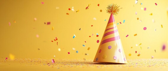 Poster - Festive party hat with confetti on yellow background.