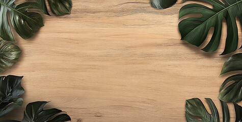 Aufkleber - Lush green tropical leaves arranged on light brown wood background.