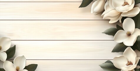 Aufkleber - White magnolia blossoms arranged on light wooden planks background.