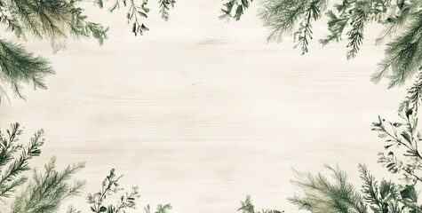 Poster - Wooden background with green foliage border.