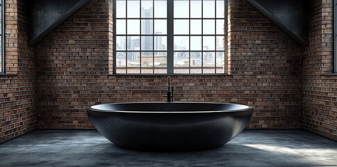 Aufkleber - Modern black bathtub in a loft bathroom with brick walls and city view.