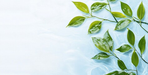 Poster - Lush green leaves arranged on a light blue background, leaving ample copy space.
