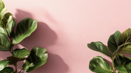 Aufkleber - Pink background with green leaves and shadows.