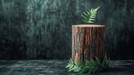 Poster - Rustic wooden stump with fern plant, dark background.