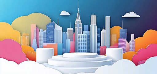 Poster - Modern city skyline with a podium in a paper art style.