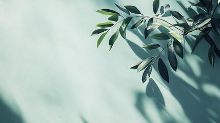 Poster - Green leaves cast shadows on a teal background.