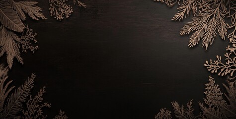 Aufkleber - Dark brown wooden background decorated with embossed bronze-colored plants, leaves, and branches forming a frame.