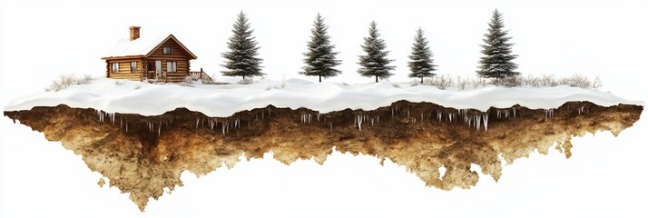 Aufkleber - Winter cabin on a snow-covered island with exposed soil, isolated on white.
