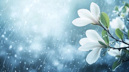 Poster - White magnolia blossoms on a rainy day.