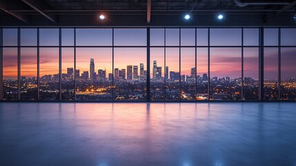 Poster - Panoramic city skyline view from a modern, large window in a spacious empty room at sunset.