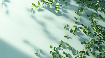 Poster - Lush green leaves and shadows on a light teal background, creating a natural, serene scene.