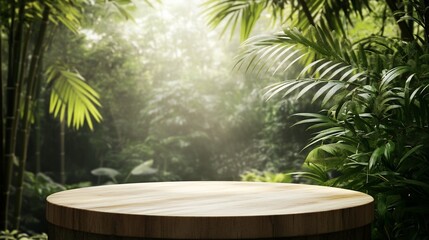Aufkleber - Empty wooden table against a lush tropical jungle background, perfect for product display.