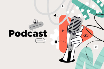 Wall Mural - Podcast. Vector illustration for web banner, social media banner, business presentation, marketing material. 