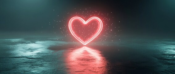 Fototapete - Glowing neon heart symbol on dark reflective surface.
