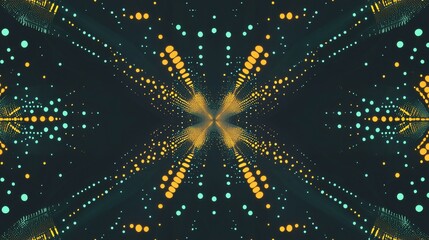 Poster - Abstract dark background with glowing teal and gold particles forming a symmetrical pattern.