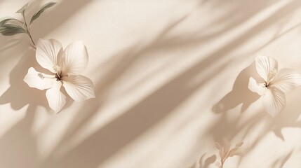Aufkleber - Pale cream background with delicate white flowers and soft leaf shadows.