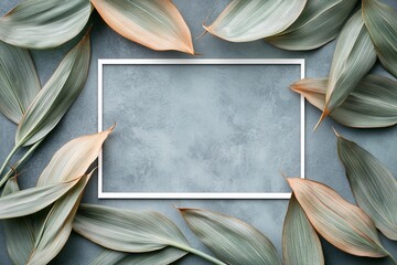 Aufkleber - White frame surrounded by elegant, dried leaves on a gray background.
