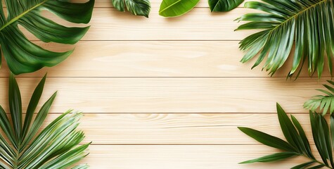 Aufkleber - Lush tropical leaves arranged on light wood background.