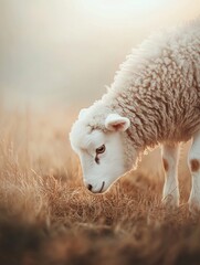 Aufkleber - A fluffy lamb grazes peacefully in a field at sunrise.