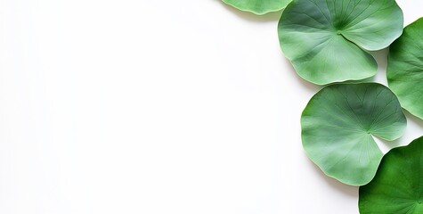 Poster - Lush green lotus leaves arranged on a white background, leaving ample copy space.