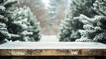 Poster - Snowy winter scene with a wooden surface in the foreground, perfect for product placement.