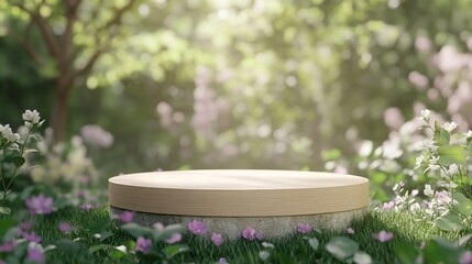 Aufkleber - Wooden platform in a sunlit garden with flowers.