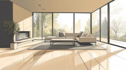 Poster - Sunlit modern living room with large windows, fireplace, and beige sofa overlooking a garden.