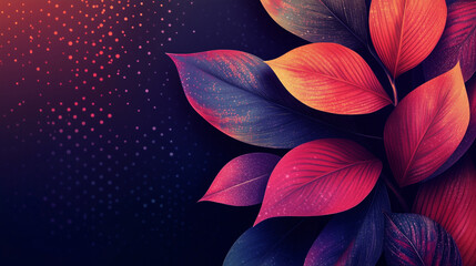 Wall Mural - bright stylized leaves in shades of red, orange and purple are placed on a dark blue background with