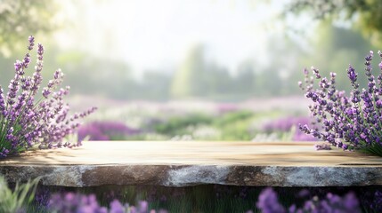 Poster - Wooden table in a lavender field at sunrise.